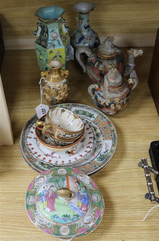 A Satsuma dragon teapot and sugar bowl, 4 other Satsuma items and sundry Chinese ceramics (damage and repairs)